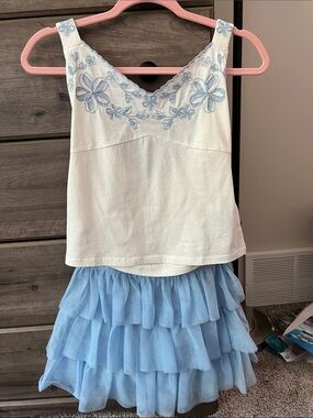 Small Altar'd State Blue Tulle Skirt and J Crew cream Embroidered women’s top